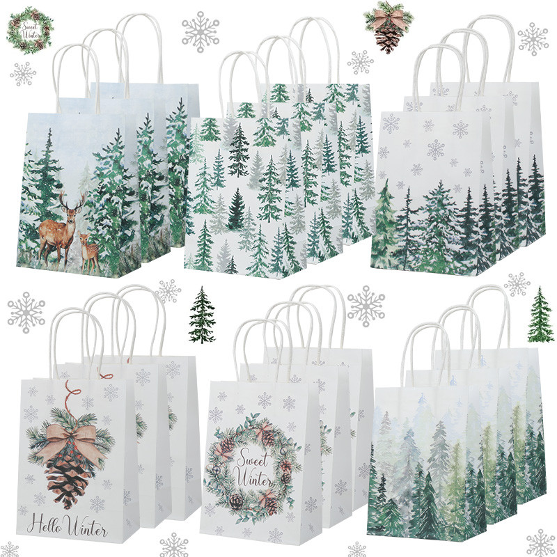 

6/12/18pcs Gift Bags Elk Forest Xmas Tree Kraft Paper Candy Gift Packaging Bag with Handle New Year Party Decor Supply