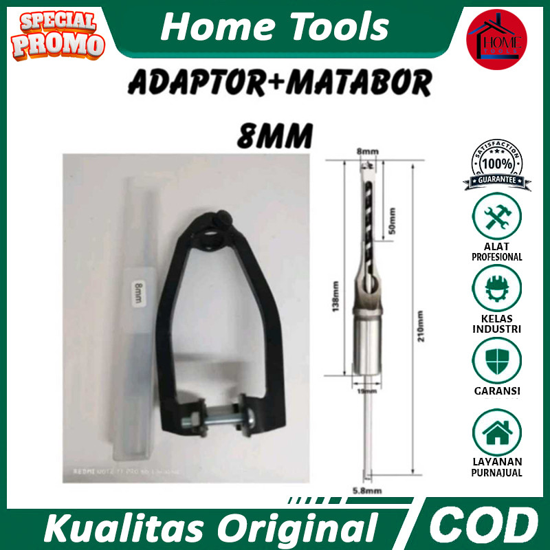 satu paket adaptor dudukan bor bobok kayu + mata bor bobok kayu 8mm bor bobok pahat persegi
