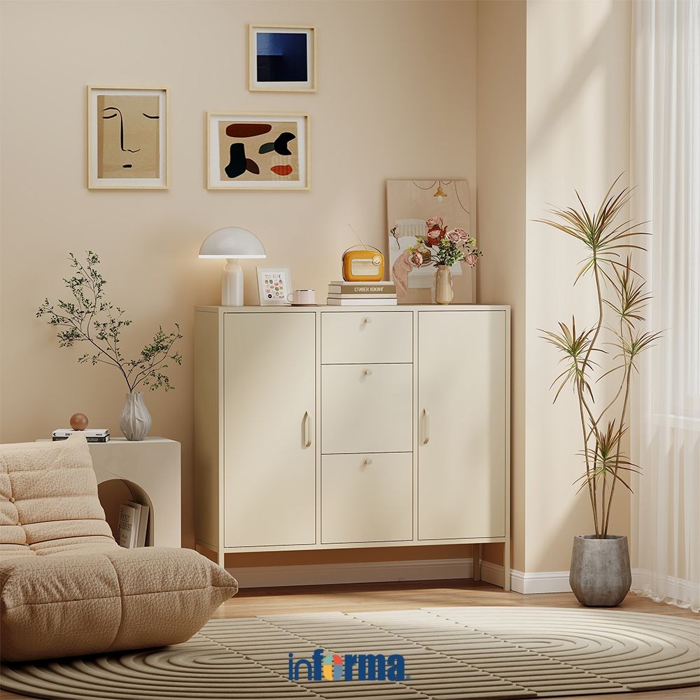 Informa Lena Kabinet 2 Pintu Dengan 3 Laci - Krem Lemari Kabinet Serbaguna Cabinet Penyimpanan Indoo