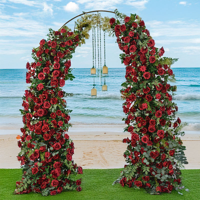 Artificial Green Plants Deep Red Cow Horn Flowers Wedding Arch Decoration Engagement and Proposal on