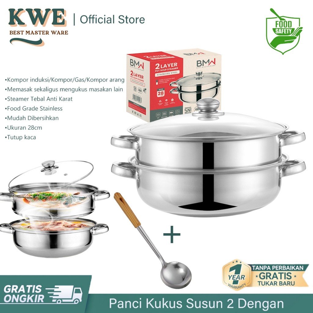 KWE Panci 2 Susun Besar Kukus Steamer Stainless 28cm Panci Kukus Set Panci Sup Steamer Ikan Bakpao S