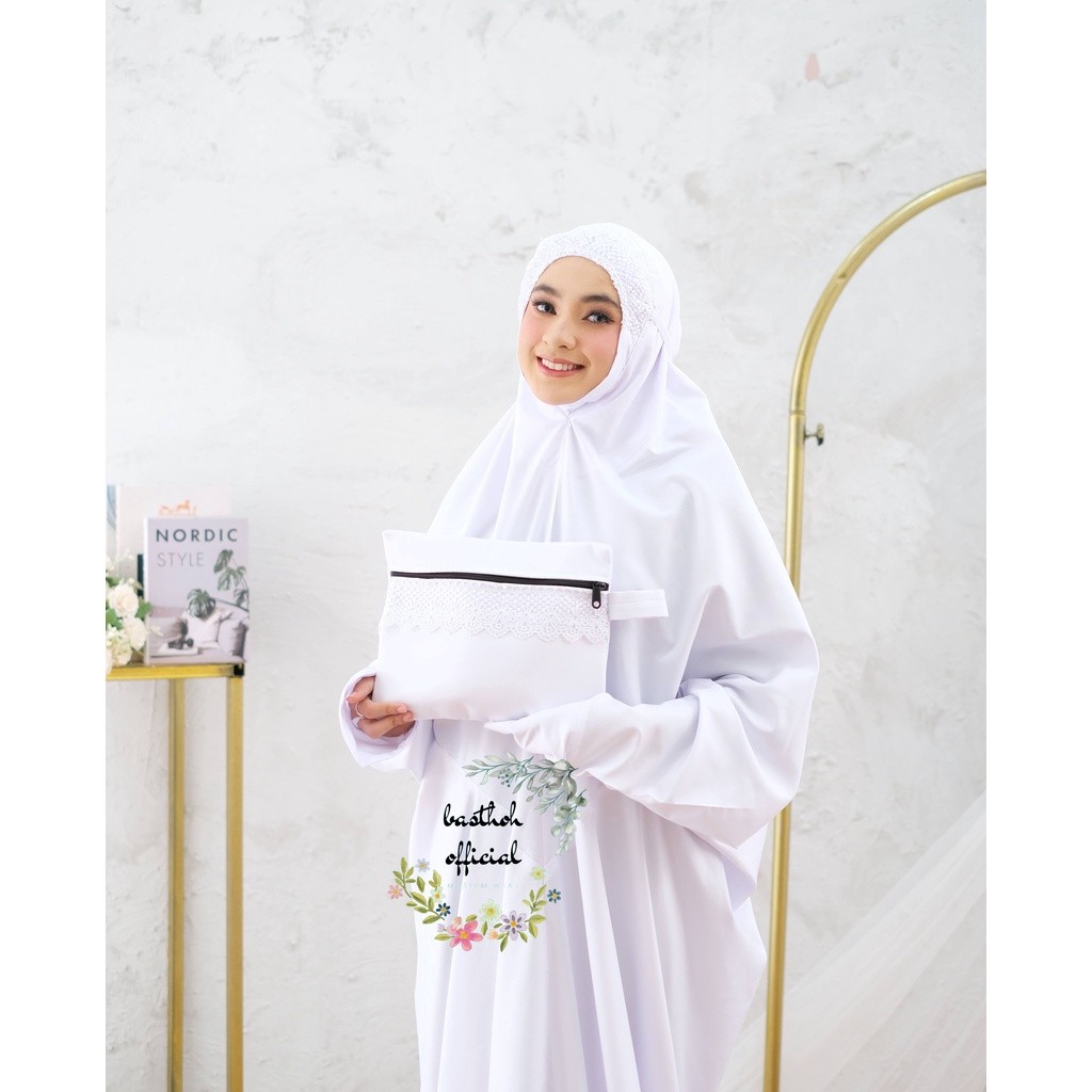 HUNTEDMANE Mukena Terusan Basthoh Putih Polos Renda Khadijah Katun Mikro