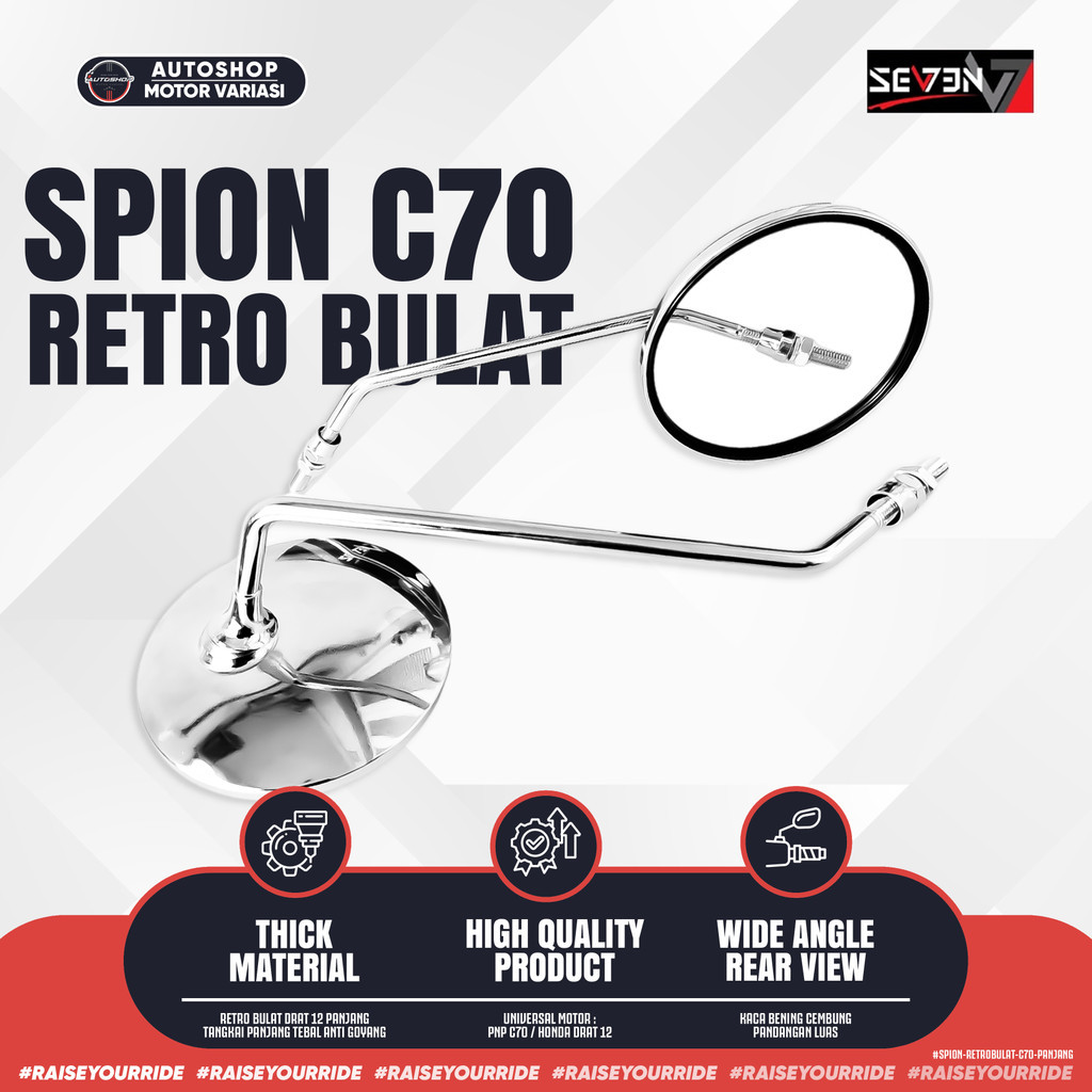 Spion Retro Bulat Tangkai Panjang Besi Drat 12 C70 C90 Kaca Cembung Universal Honda