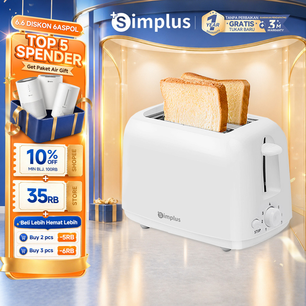 Simplus Toaster 2 Slot 7 Tingkat Suhu Low Watt Pemanggang Roti Otomatis