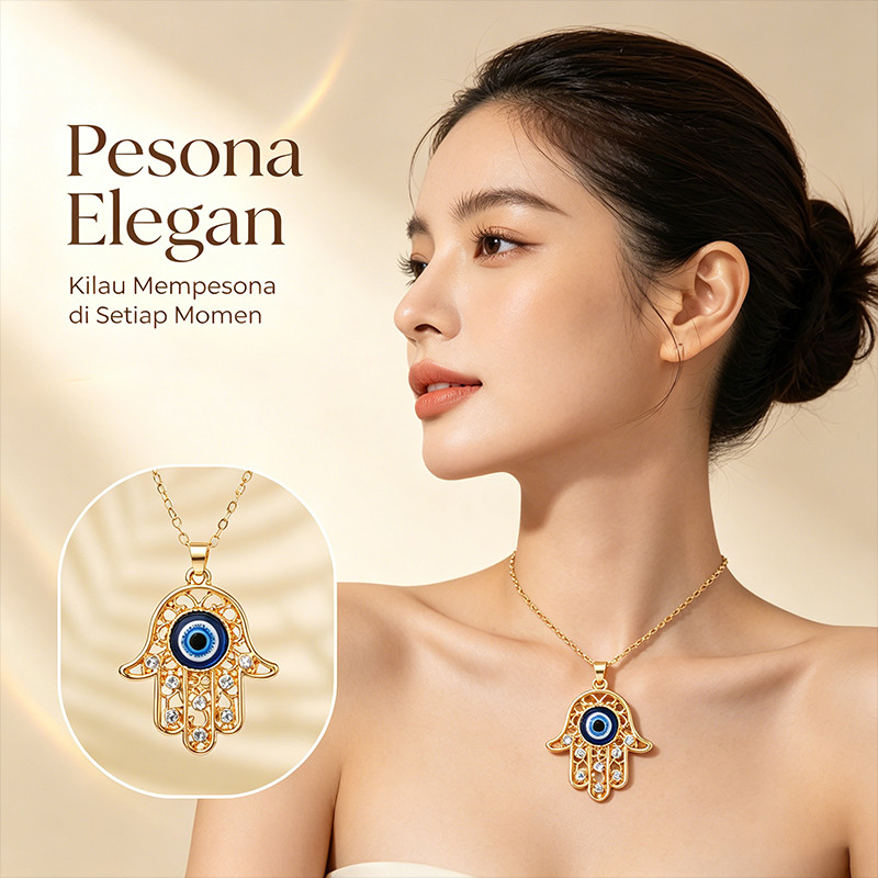 Kalung Telapak Hati Mata Iblis Biru Emas Tetes Minyak Wanita