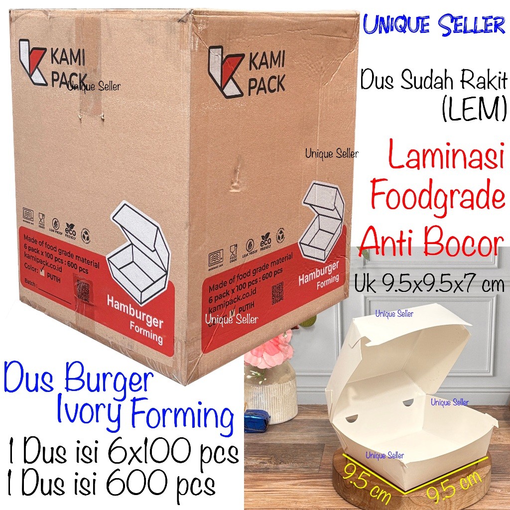 Dus Box Burger Ivory Forming (LEM) 9,5x9,5x7 cm isi 600 pcs Anti Bocor Laminasi KAMIPACK Warna Putih