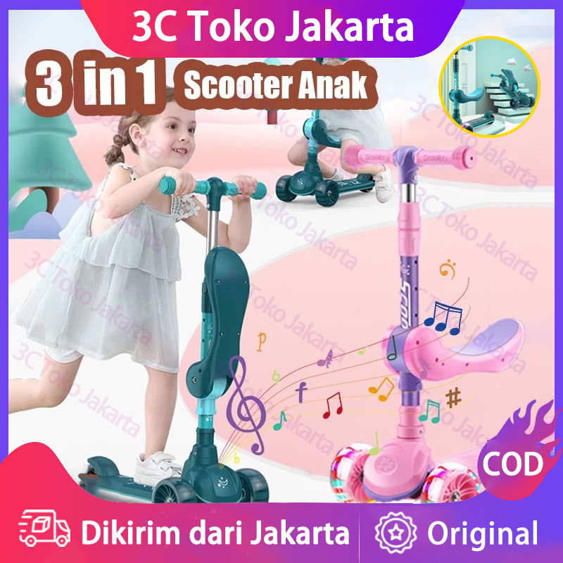 3in1 Scooter Anak Skuter Otoped Sepeda Duduk 3 Roda Multifungsi Ada Musik Lagu Lampu roda nyala/Seku