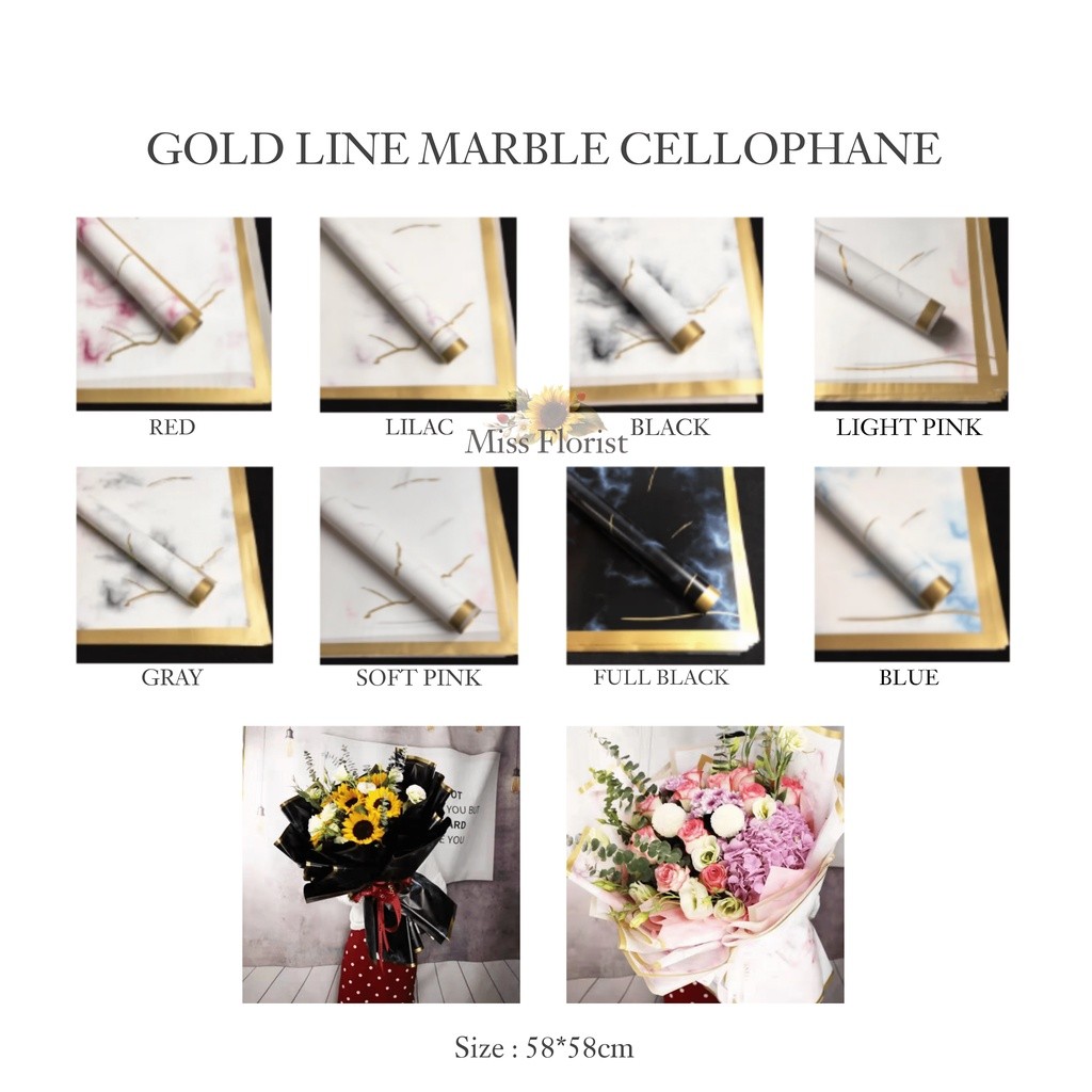 

[5 PCS] 025.FLOWER WRAPPING GOLD LINE MARBLE CELLOPHANE WATERPROOF KERTAS BUKET BUNGA (ECER)/ FLOWER WRAP