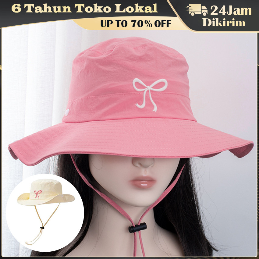 Topi Wanita Korea Model Bucket Hat / Topi Ember dengan Desain Pita Kupu-Kupu, Nyaman untuk Aktivitas