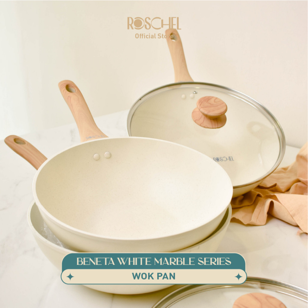 CX34W Roschel Beneta White Marble Coating Non-Stick Wok Pan 20, 24 , 26 , 28, 32 cm + Tutup Kaca Pan
