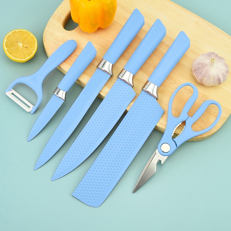 6PCS Pisau Dapur Corrugated Colorful Stainless Steel Kitchen Knife Set Include Chef Knife Bread Knif