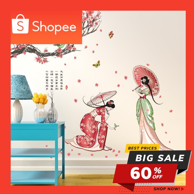 RELIZA WALL STICKER GADIS CHINESE SAKURA PEMANDANGAN STIKER DINDING JM7331