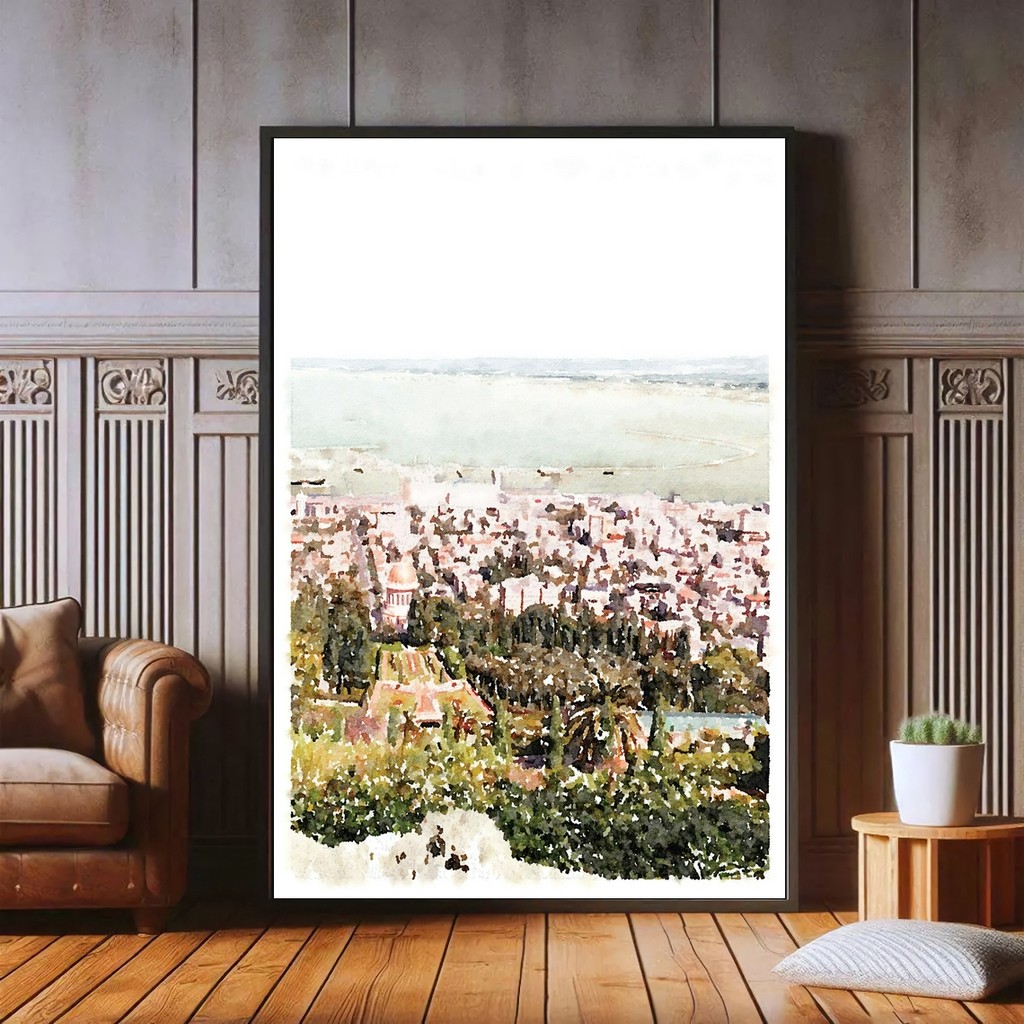 Haifa Israel Baha’i World Centre and Gardens Watercolor Print, Cityscape Landscape Wall Art Canvas P