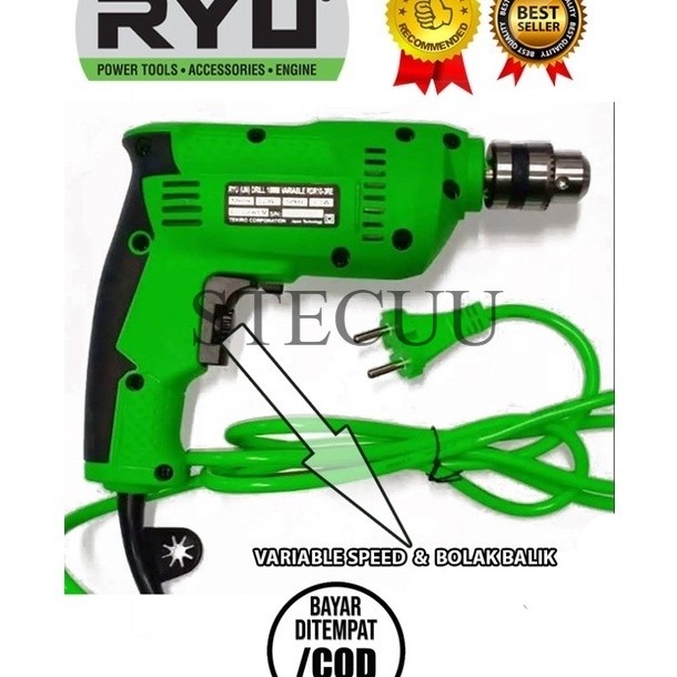 PromoRyu Mesin Bor Tangan Listrik 10mm Bolak Balik Variabel Speed RDR10-3RE Free 1 Set Areng Carbon 