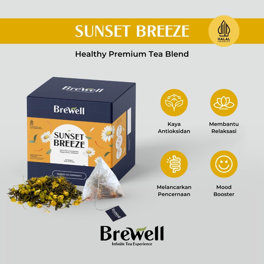 

[BREWELL] Sunset Breeze Tea Bag Isi 5 & 10 | Campuran Teh Hijau, Kamomil, Peppermint | Teh Herbal Premium