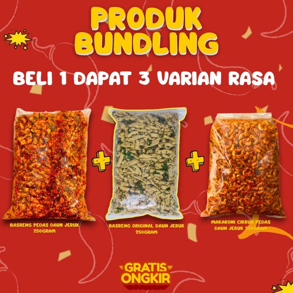 

Bundling Beli 1 Dapat 3 Basreng Pedas 250gr & Basreng Original 250gr & Makaroni Pedas 250gr Bumbu Cikruh Gratis Ongkir