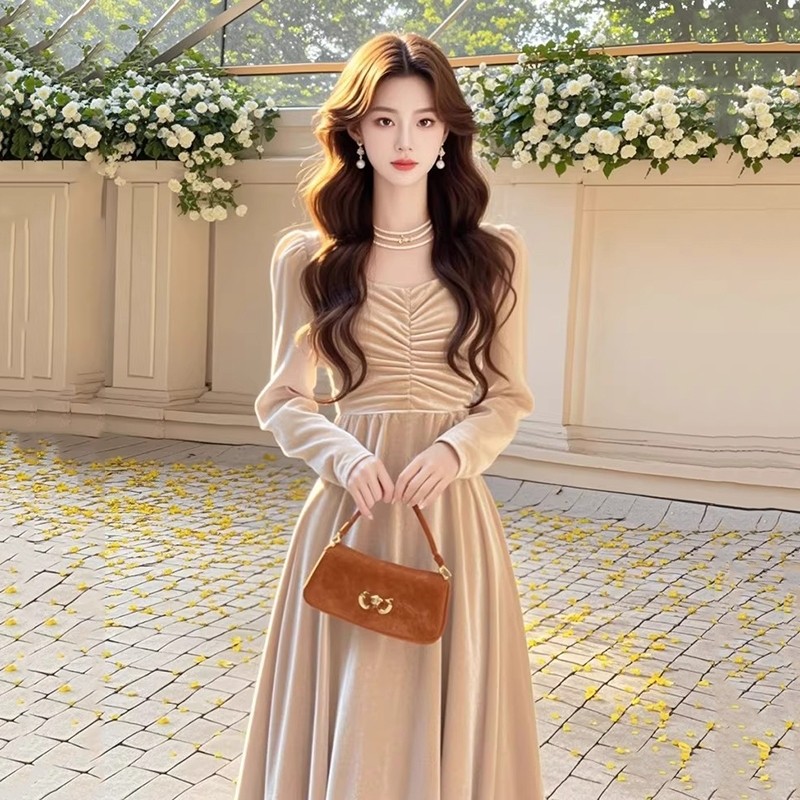 Air QZ253 Dress Early Autumn Fairy Dress Velvet Sweet Heart Neck Long Sleeve A line Gaun Lengan Panj