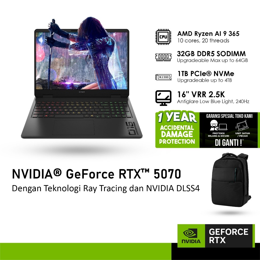 HP OMEN 16 AP0197AX GeForce RTX™ 5070 8GB - RYZEN AI 9 365 32GB 1TB WINDOWS 11 16.0 INCH WQXGA 240HZ
