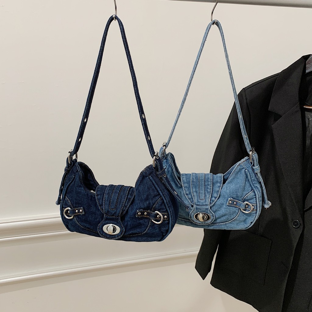 Versatile denim patchwork handbag, unique retro bag for trendy girls