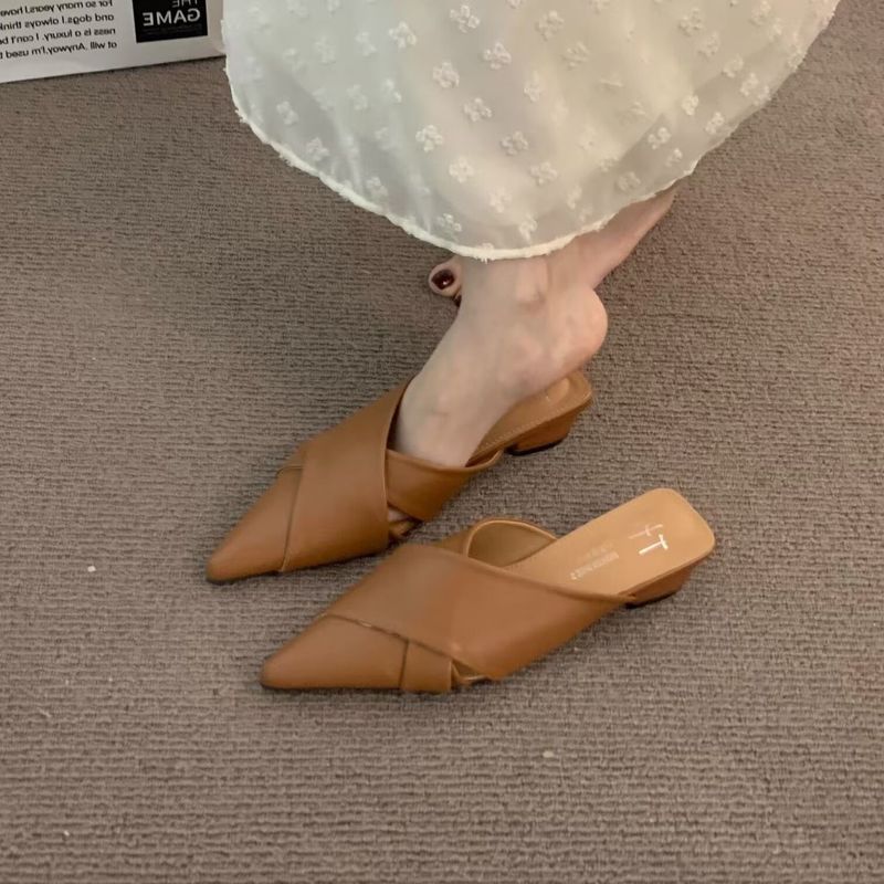 [Sepatu Trendy][COD] Sepatu Selop Pendek Hak Tebal Wanita Hak Rendah Ujung Lancip