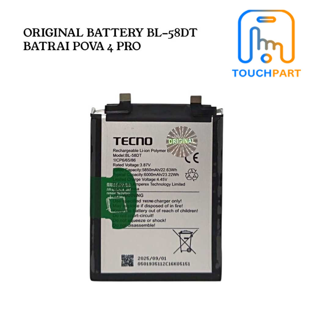 Batu Batrai Pova 4 Pro BL-58DT Batrei Battery BL-58DT Original 100% COD