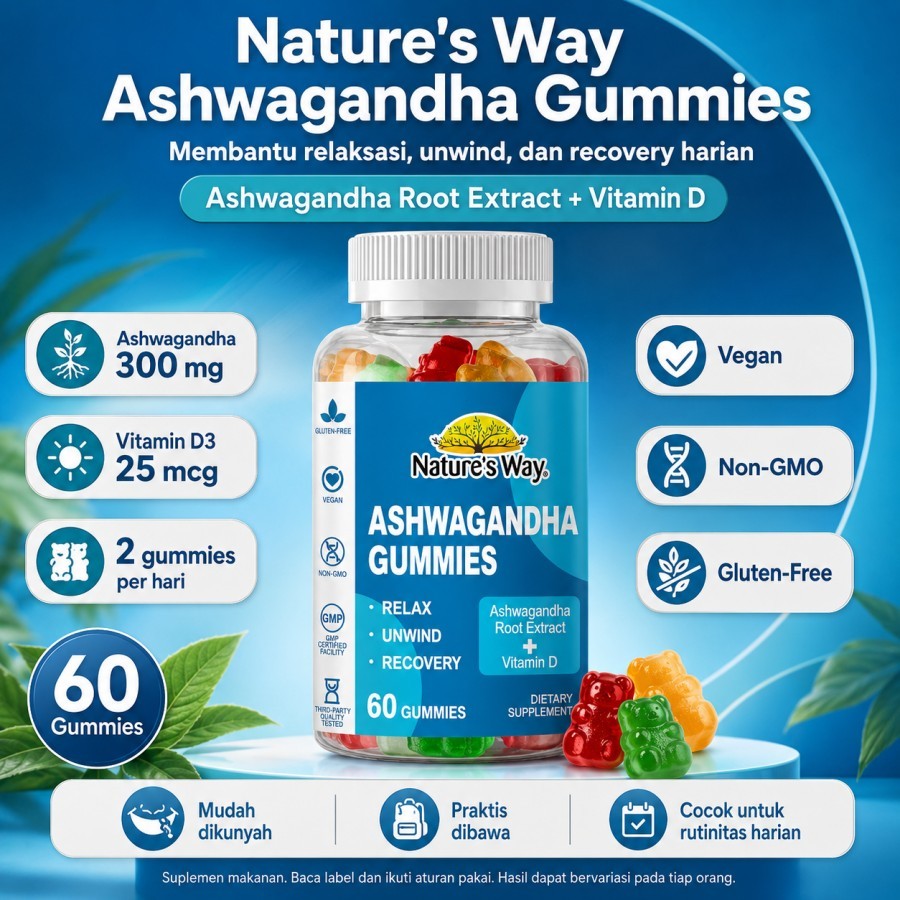Nature's Way Ashwagandha Gummies 60 Gummies Suplemen Relaksasi Bantu Kelola Stres Ringan Mood Tenang