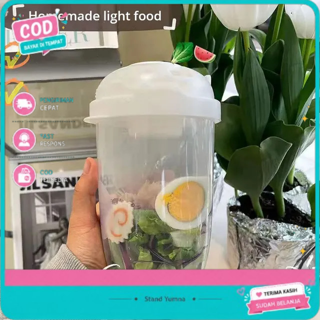 Wadah Salad Portabel 1L - Cup Bekal Salad Sayur Buah dengan Garpu & Wadah Saus