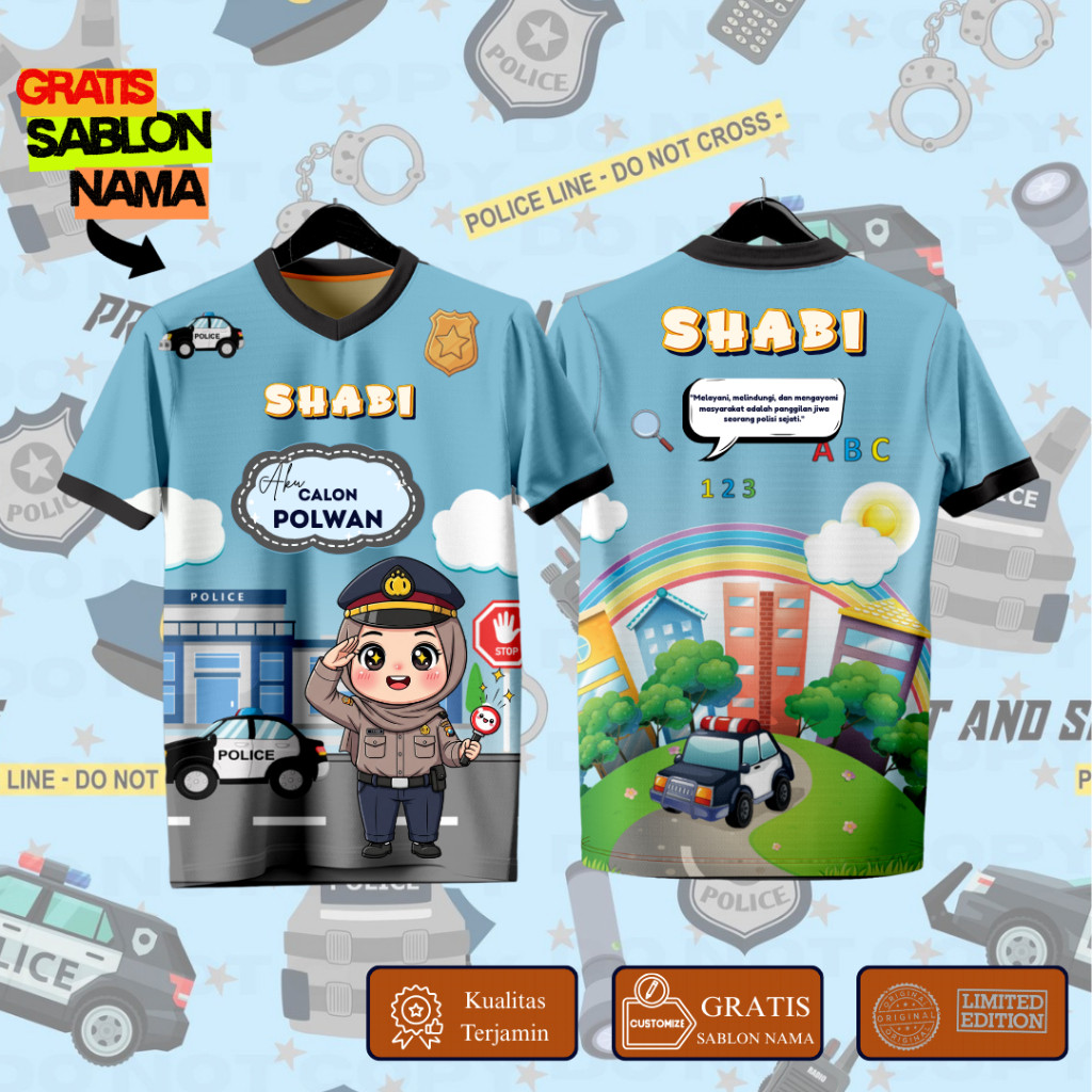 Baju Anak Motif Cita-cita / Baju Anak Edukasi Cita-cita / Baju Anak Gratis Sablon Nma Polwan Hijab -