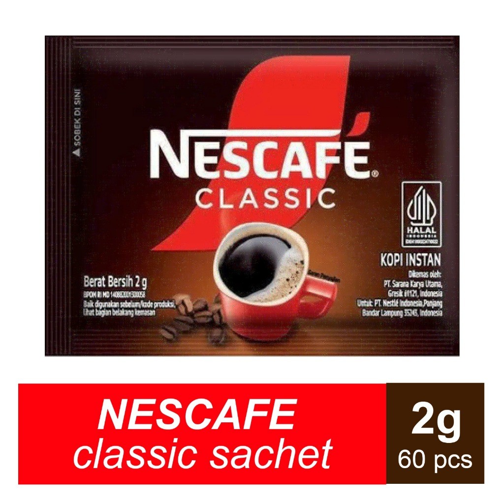 

Nescafe Classic 60 sachet X 2gr PROMO!Harga cm Rp1.400/cup!! exp April 2027 PROMO HALAL