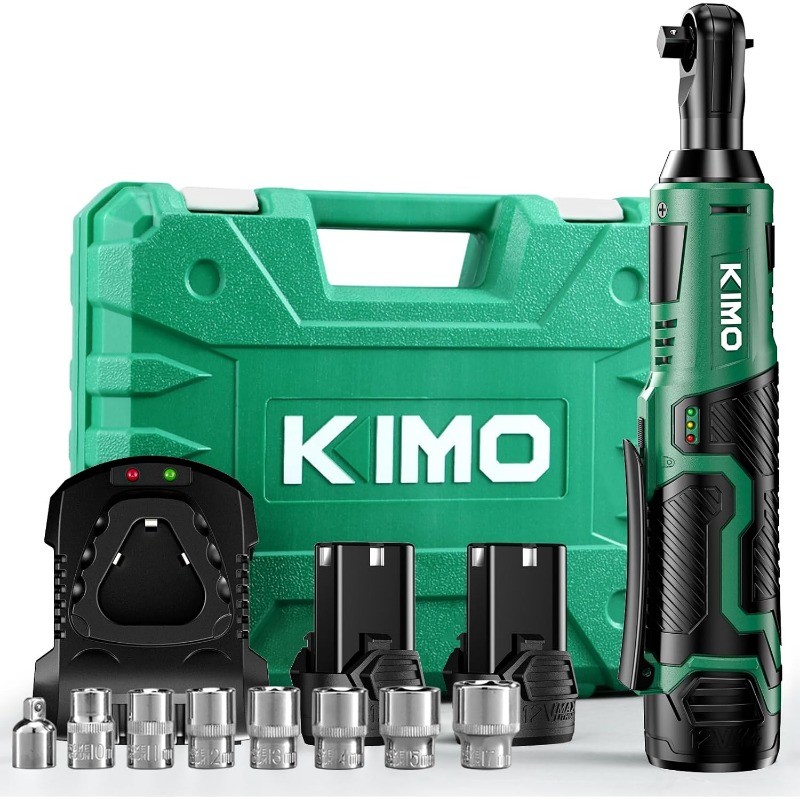 KIMO Cordless Electric Ratchet Wrench Set, 40 Ft-lbs, 400 RPM, 12V Cordless Ratchet Wrench 3/8" w/ 6