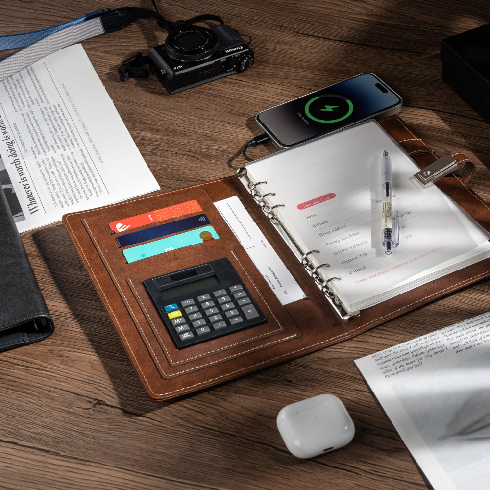 

Brown Leather Power Bank Notebook with Built-in Calculator, A5 Charging Planner Journal for Business and Study