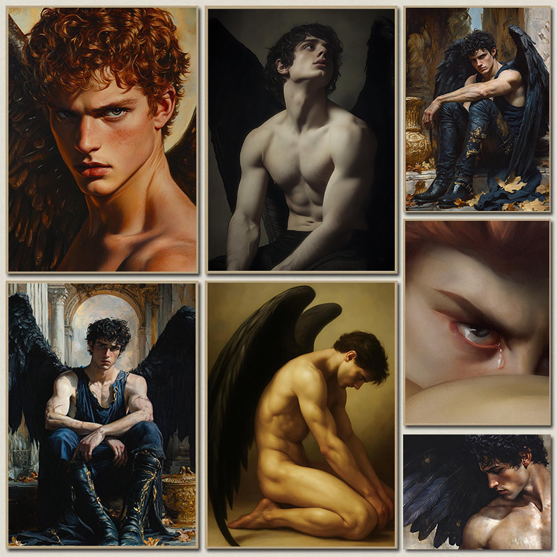 

Dark Mysterious Retro Aesthetic Myth Hell Fallen Angel Oil Paint Portrait Poster Canvas Print Art Gallery Studio Home Wall Decor