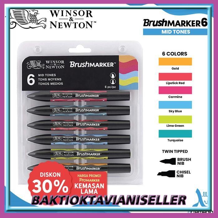 

Brush Marker Winsor & Newton Promarker Brush Pen Set 6 Dual Point - MID TONES