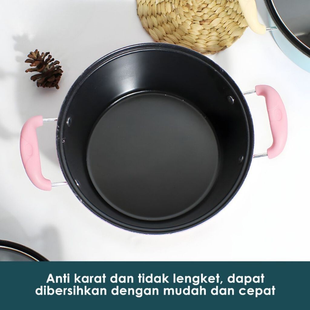 TKKH Panci Sup Enamel 18 20 22 24 cm Dengan Penutup Kaca / Teflon Wajan Bulat Gagang