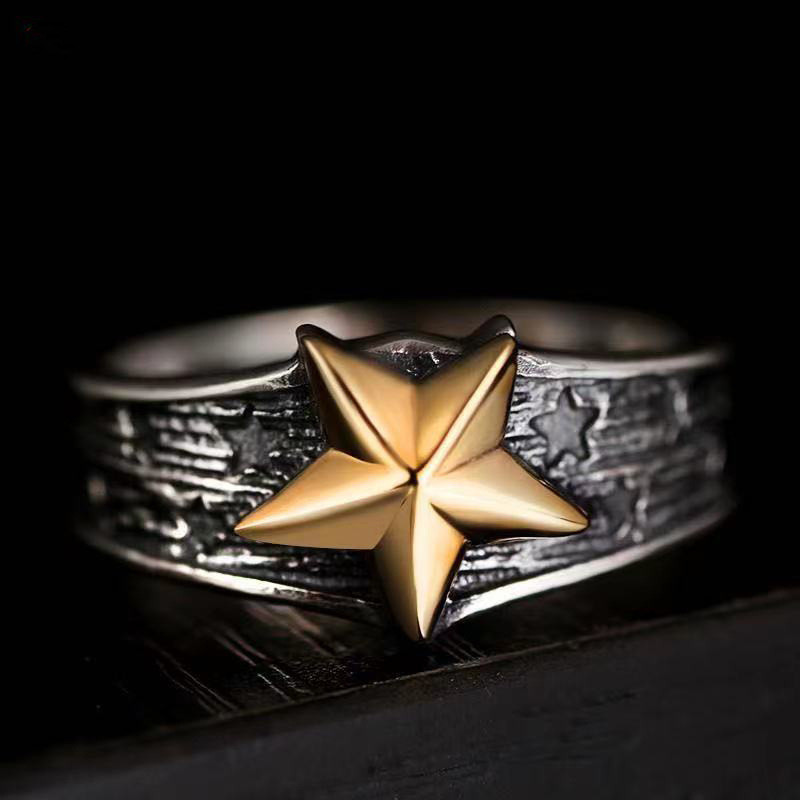 Cincin bintang ekor pria kekinian perak polos cincin pentagram emas