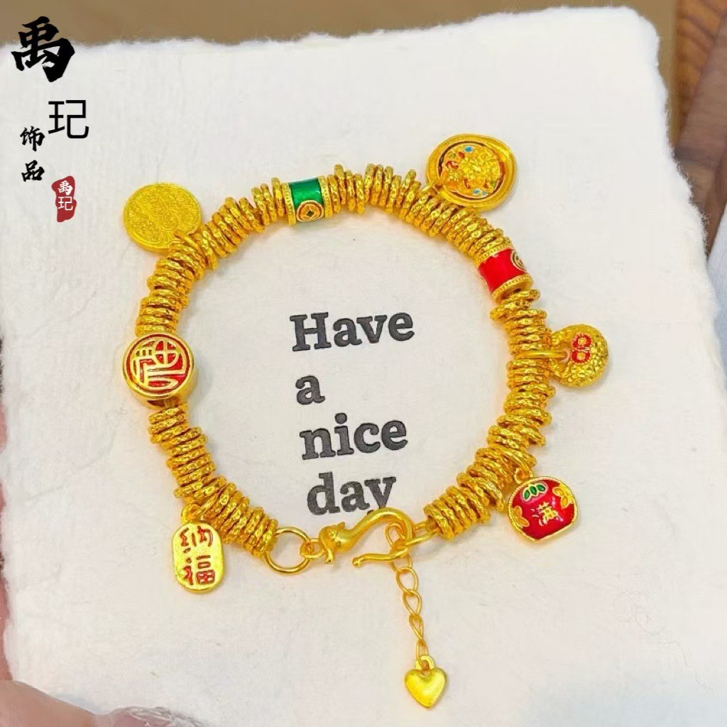 Gelang belitan Dewa Kekayaan lima arah emas pasir kuno, gelang enamel biru terbakar gelang Dewa Keka