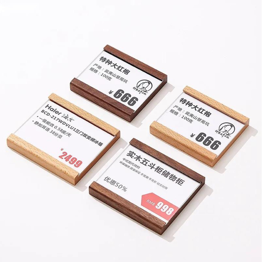 

90x65mm Promotion Wood POP Price Ticket Sign Label Card Holder Tape Stick Back Acrylic Sign Holder Price Tags