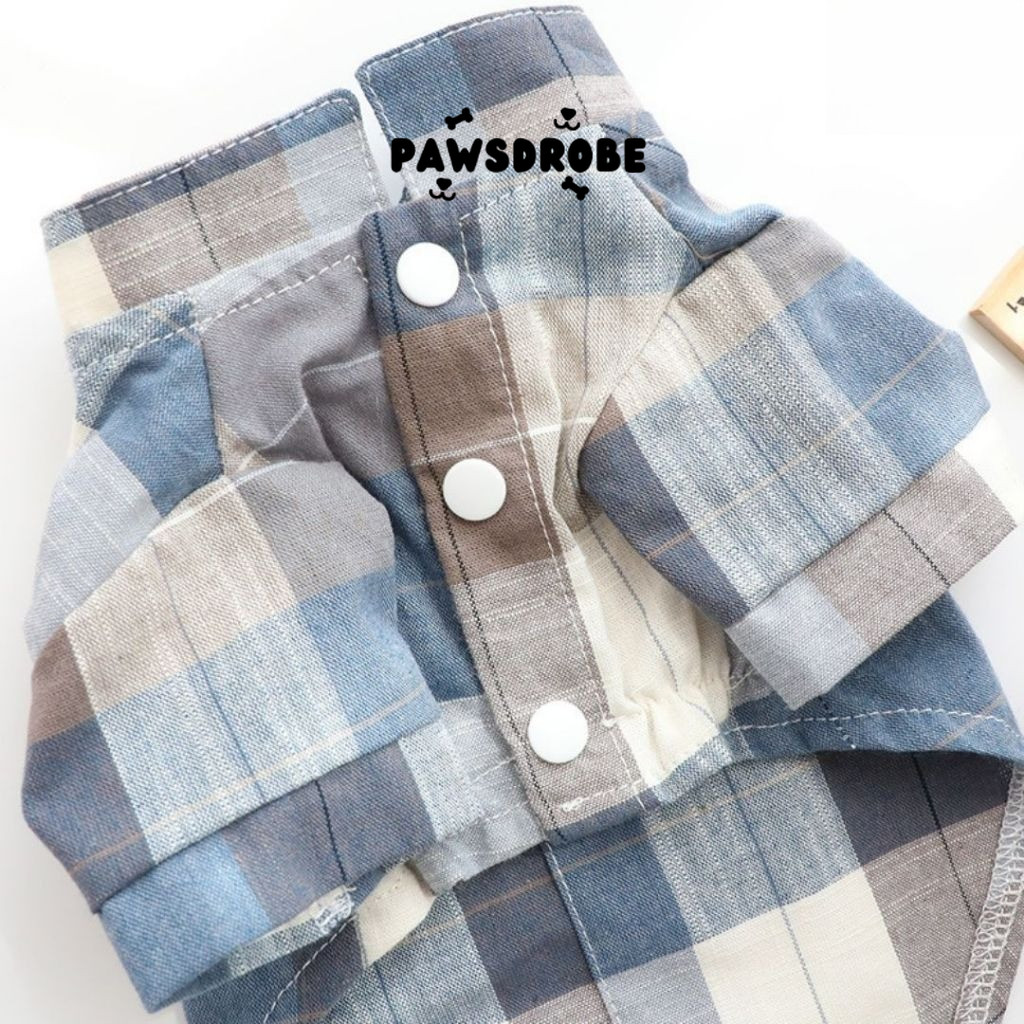 Kemeja Anjing Kucing Kotak Biru Abu Putih Jantan Pita Pawsdrobe