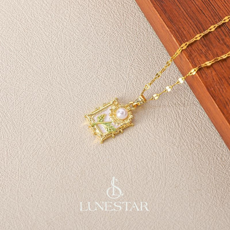 Lunestar Kalung Mutiara Bunga Matahari Yang Indah Dengan Gaya Lukisan Cat Minyak Kalung Bunga Mutiar