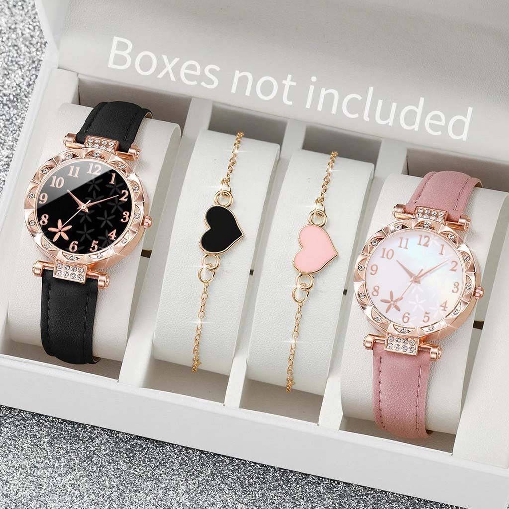 4PCS Set Jam Tangan Kuarsa Wanita Set Jam Tangan Fashion Starfish Dial Tali Kulit Jam Tangan Gelang 