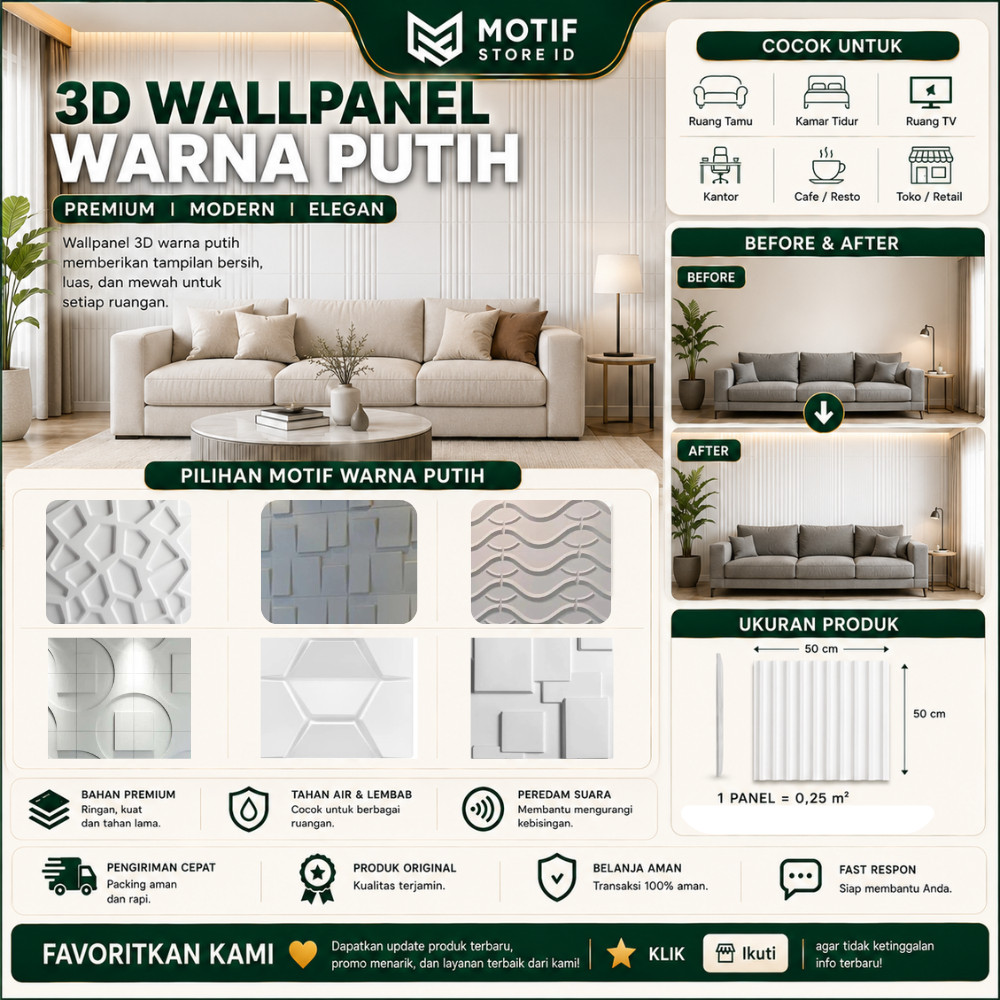 3D Wallpanel Dinding PVC 50x50 cm Solid Wallpaper Dinding Dekorasi Premium Wall Panel Estetik Klinik