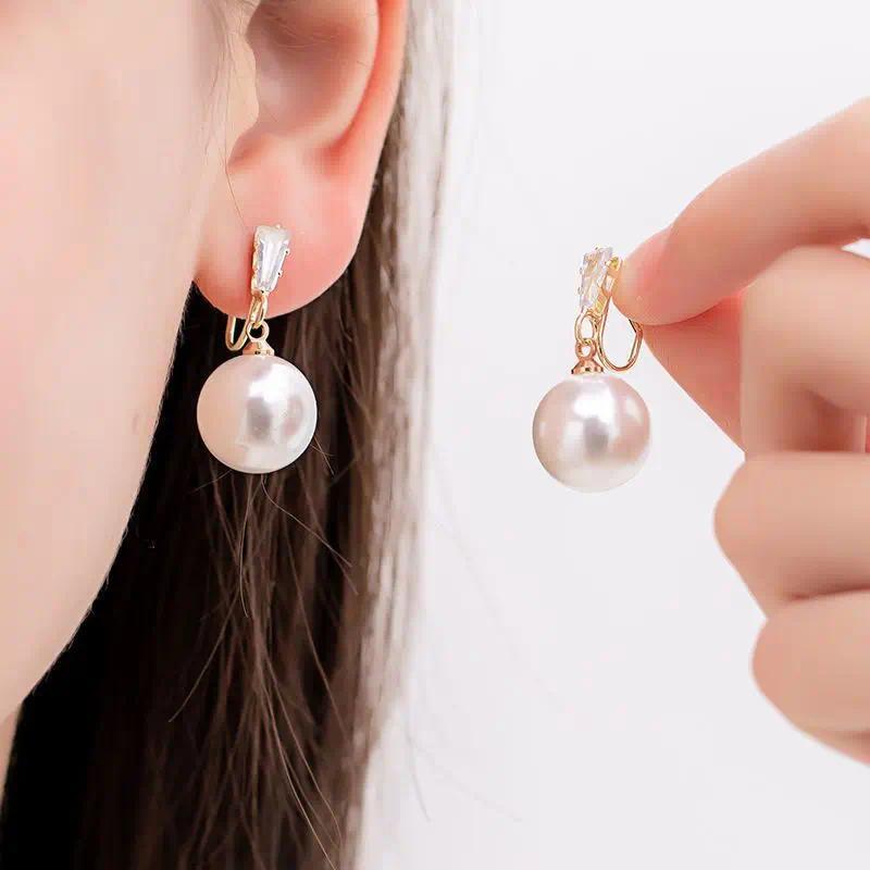 Anting Jepit Geometris Mutiara Imitasi Tanpa Tindik untuk Wanita dan Gadis, Anting Palsu Warna Emas