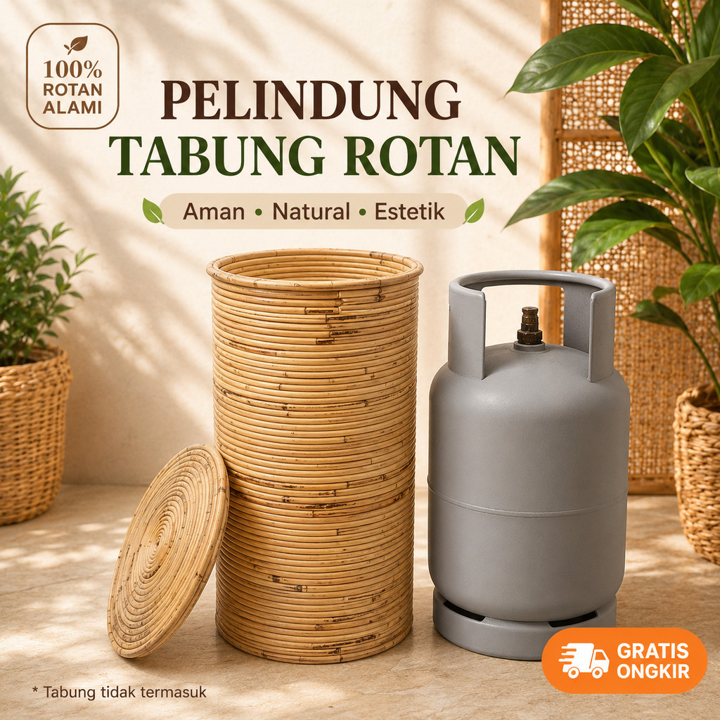 Cover Tabung Rotan Alami Keranjang Pelindung LPG Estetik Boho Minimalis