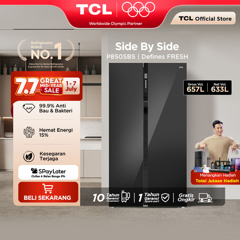 TCL Kulkas 2 Pintu Side by Side – Kapasitas 657L - No Frost - Inverter - Black Glass Door - Lemari E