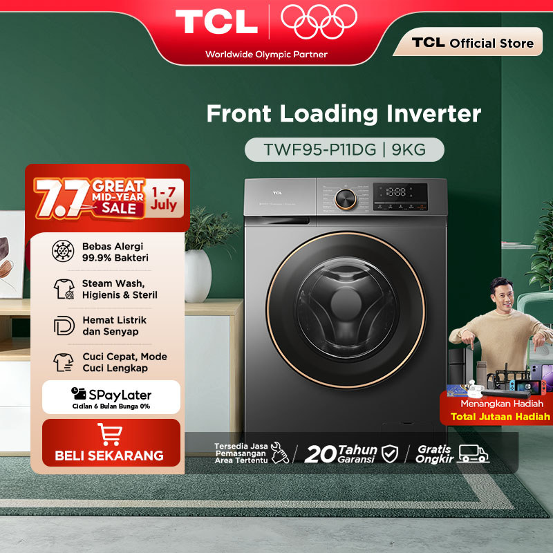 TCL Mesin Cuci Front Loading Inverter P11 9 KG - EBS Steam Wash - Quick Wash 15' - Smart DD Inverter