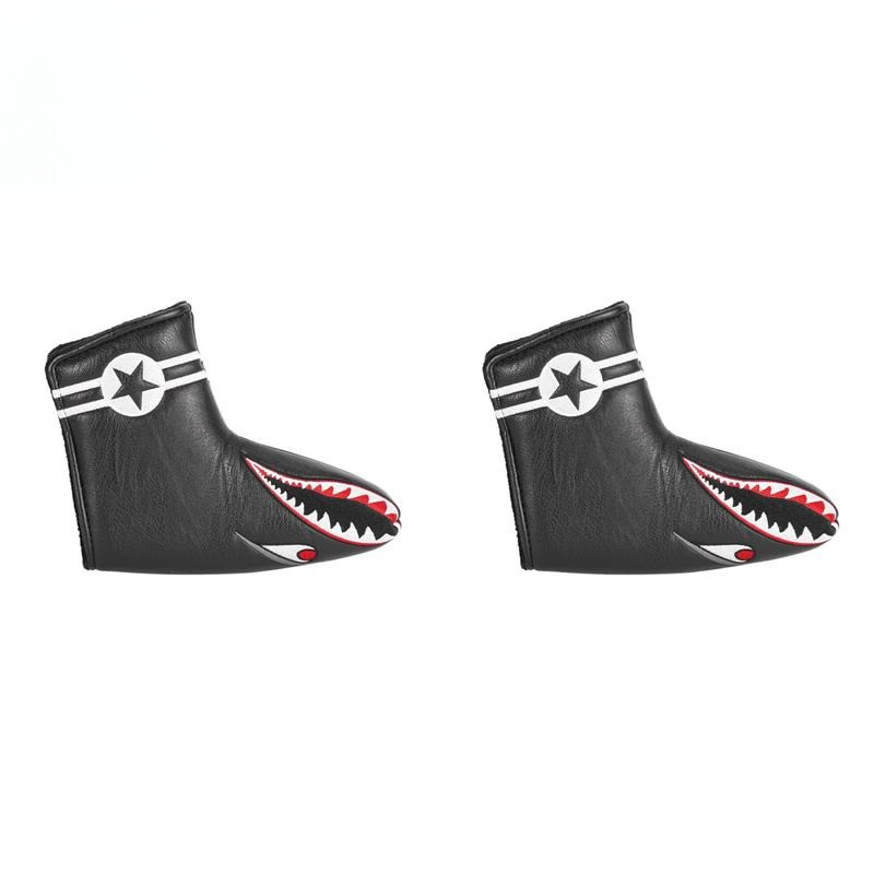 2Pc Black PU Leather With Shark Embroidery Magnet Golf Blade Putter Head Cover Golf Club Putter Head