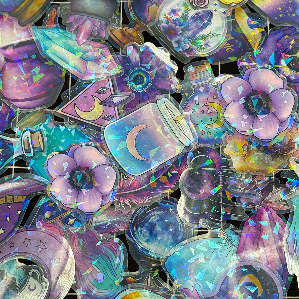 

10/30/50pcs Laser Transparent Magic Witch Graffiti Stickers DIY Skateboard Scrapbook Phone Aesthetic Cartoon Sticker for Kid Toy