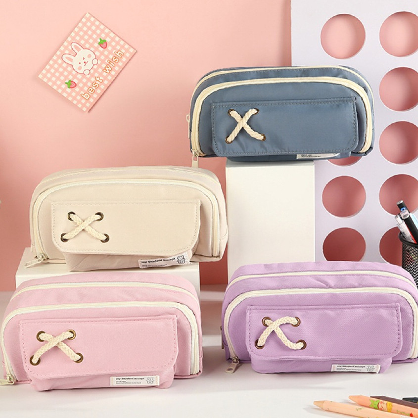 

Tempat Pensil Model Pita Silang Kotak Pensil Tali Rami Ritsleting Ganda Bahan Kanvas Pouch