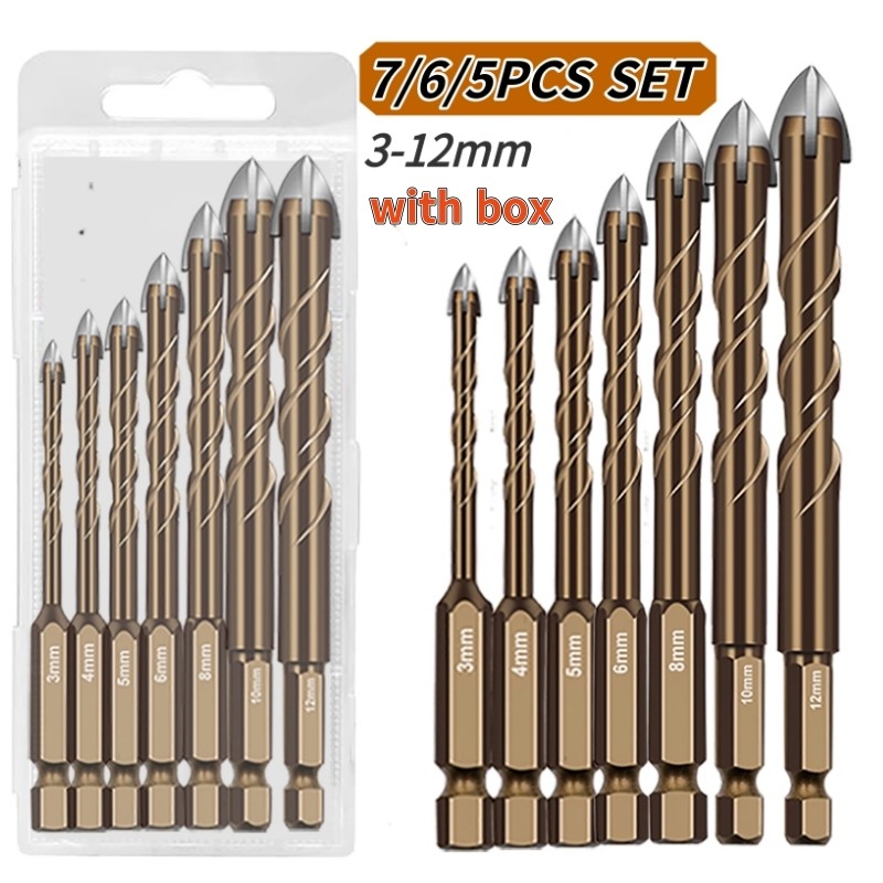 

7/6/5PCS Masonry Drill Bit Set For Brick/Tile/Glass/Wood/Plastic Cross Drill Bit Set Hex Shank Cross Tip Drilling Tools Set