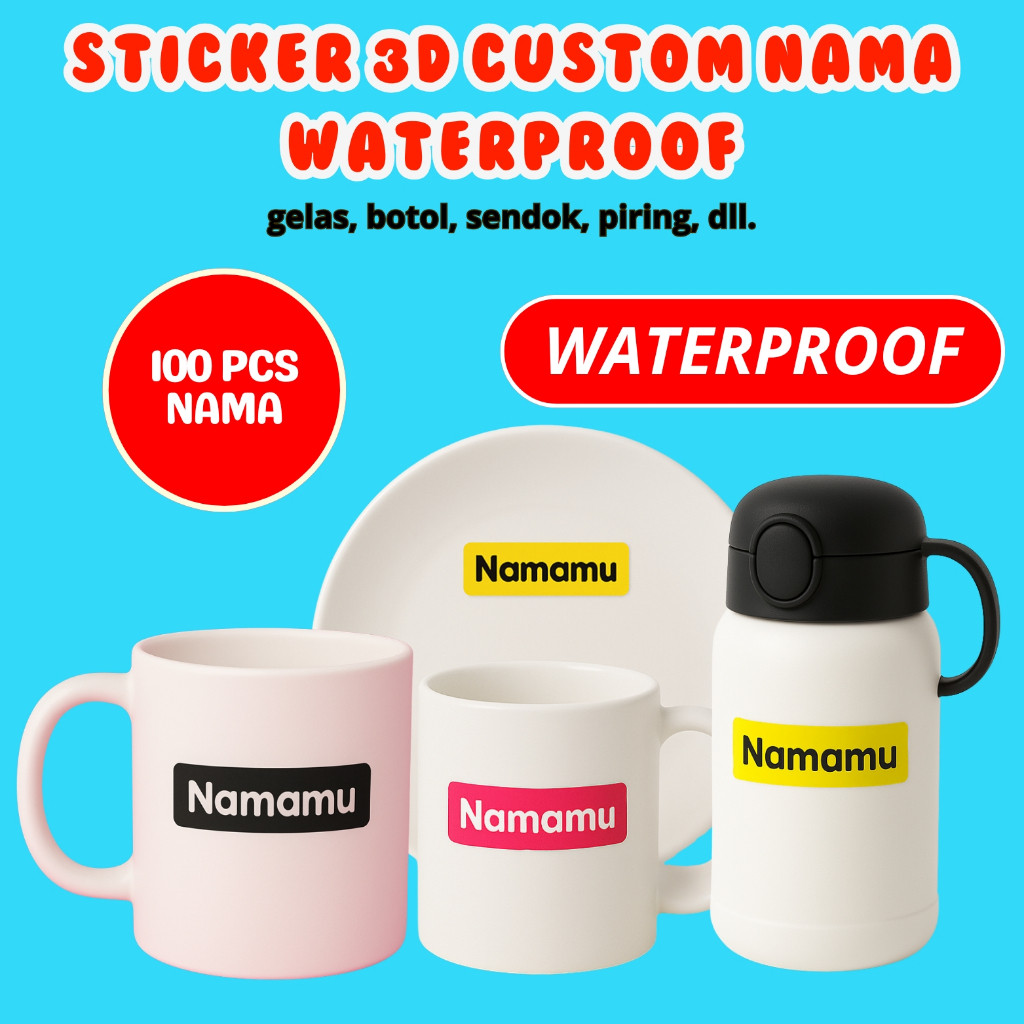 

100Pcs Sticker Custom Nama Piring Sendok Botol Barang Perabotan Stiker Ajaib Waterproof Timbul Label